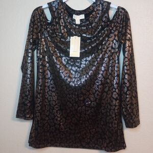 Michael Kors Black and Gold Leopard Long Sleeve Top With Cold Shoulder